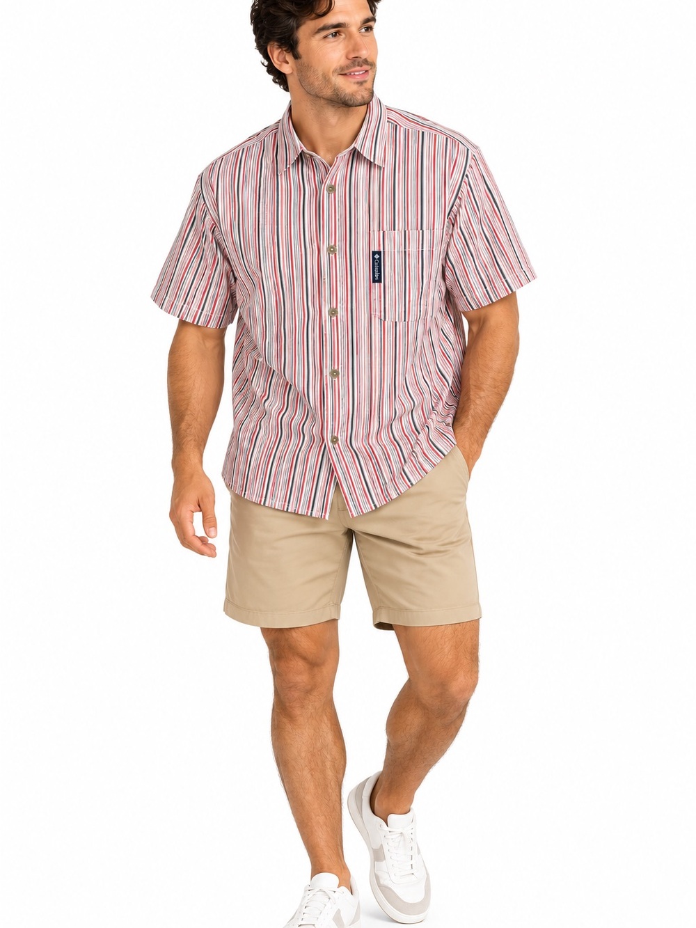 Columbia Men's Red and White Striped Short Sleeve Button-Down Shirt